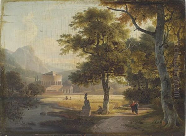 Travelers In An Italianate Landscape Oil Painting by Nicolas Antoine Taunay