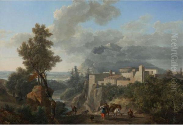 A View Near Messina, With 
Peasants And Animals Along A Path And A View Of A Fortified Town Beyond Oil Painting by Nicolas Antoine Taunay