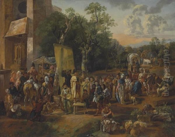 A Village Market Oil Painting by Nicolas Antoine Taunay