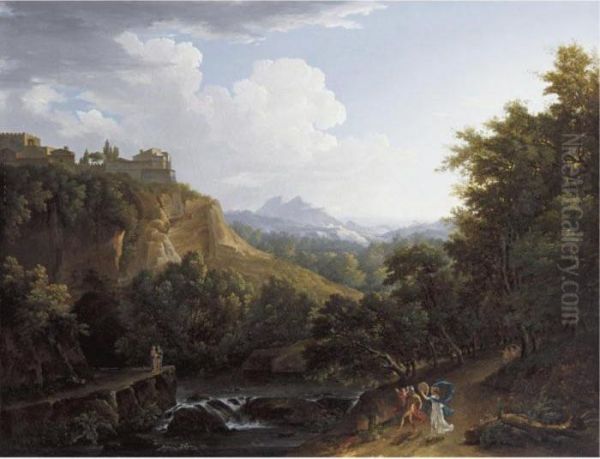 Arcadian Landscape With A Couple And Child Dancing On A Path By A River Oil Painting by Nicolas Antoine Taunay