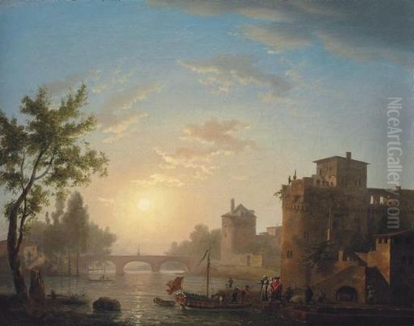 A Mediterranean Port At Sunset, With A Lady Embarking A Boat, A Bridge Beyond Oil Painting by Nicolas Antoine Taunay