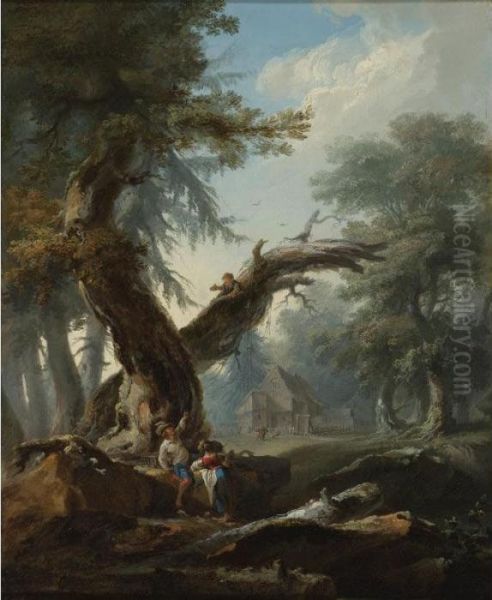 Landscape With A Couple By The 
Edge Of A Wood, A Young Child In A Tree Above Holding A Bird's Nest Oil Painting by Nicolas Antoine Taunay