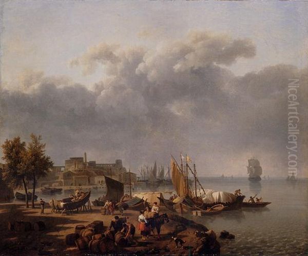 Quay With Stevedores And Peasants Conversing Oil Painting by Nicolas Antoine Taunay