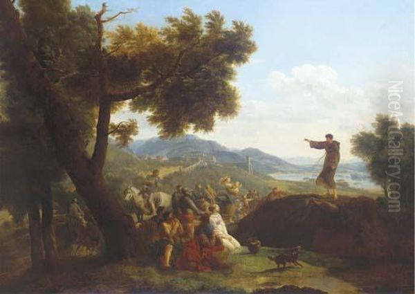 Saint Francis Preaching In An Extensive Landscape, A Town Beyond Oil Painting by Nicolas Antoine Taunay