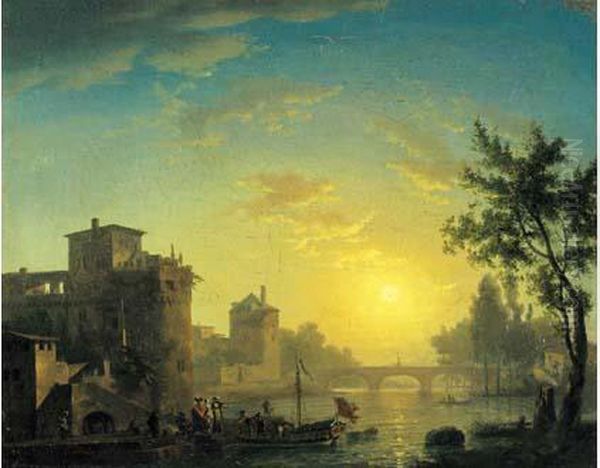 Embarquement Au Coucher Du Soleil Oil Painting by Nicolas Antoine Taunay