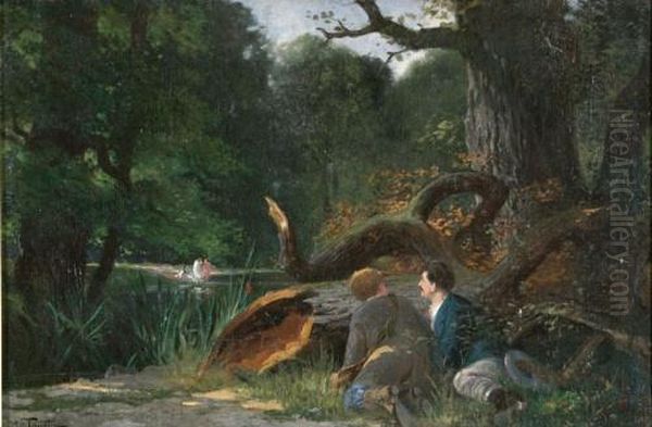 Bathers In A Glade Observed By Men From Behind A Tree Oil Painting by Louis Tauzin