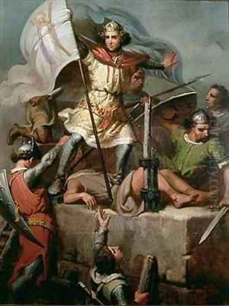 Count Berenguer III Raising the Standard of Barcelona on the Tower of Foix Castle Oil Painting by Mariano Fortuny y Marsal