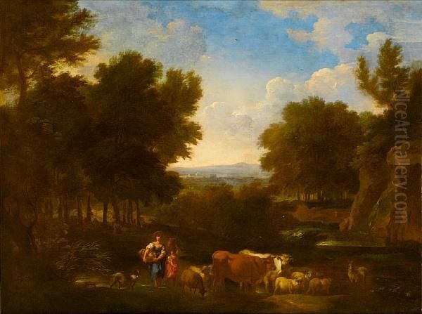 A Wooded Landscape With Peasants
 Resting; Anda Landscape With A Woman And A Young Boy Watering Their 
Cattle Andsheep At A River Oil Painting by Carlo Antonio Tavella