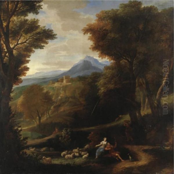 Paesaggio Con Contadini A Riposo Con Il Gregge Oil Painting by Carlo Antonio Tavella