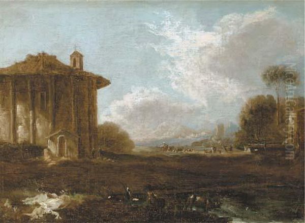 An Italianate Landscape With Figures Strolling Near A Ruin Of A Classical Temple Oil Painting by Carlo Antonio Tavella