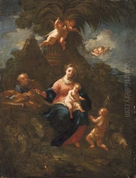 Sacra Famiglia E Angeli Su Sfondo Di Paesaggio Oil Painting by Carlo Antonio Tavella