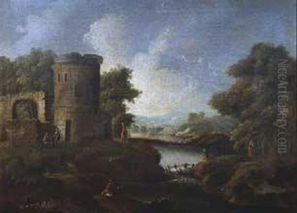 Paesaggio Fluviale Con Rudere E 
Pescatori - Paesaggio Fluviale Con Fortilizio, Pescatori E Viandanti Oil Painting by Carlo Antonio Tavella