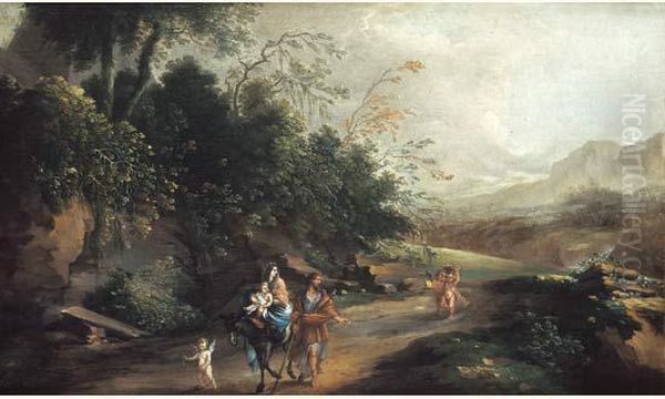 Paysage De Colline Avec La Fuite En Egypte Oil Painting by Carlo Antonio Tavella