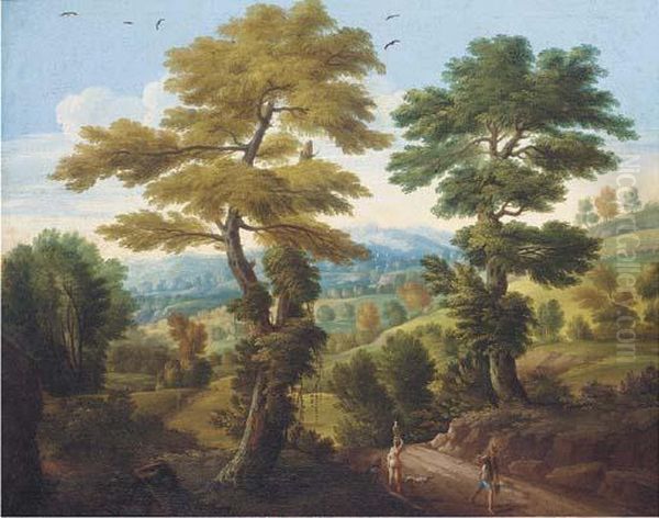 A Wooded Landscape With Travellers On A Path Oil Painting by Carlo Antonio Tavella