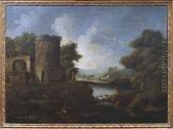 Paesaggio Fluviale Con 
Fortilizio, Pescatori E Viandanti Paesaggio Fluviale Con Rudere E 
Pescatori Oil Painting by Carlo Antonio Tavella