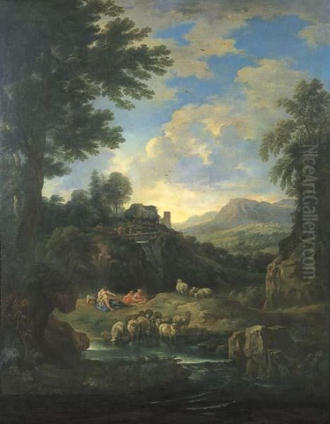 Paesaggio Fluviale Con Contadini
 Ed Armenti Al Guado, Una Cascata Con Ponte Di Legno Ed Un Borgo Sullo 
Sfondo Oil Painting by Carlo Antonio Tavella