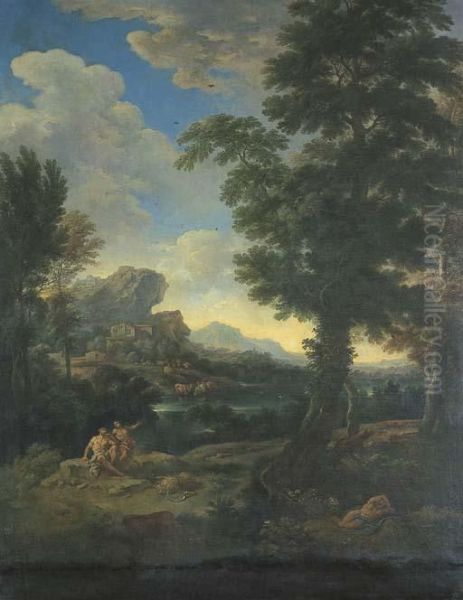 Paesaggio Fluviale Con Tre 
Figure In Costume Classico In Primo Piano, Armenti All'abbeverata E 
Borghi In Lontananza Oil Painting by Carlo Antonio Tavella