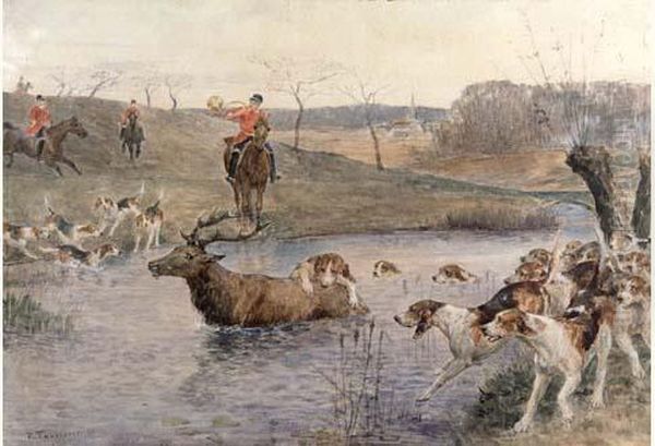 Chasse A Courre
 Du Cerf. Bat L'eau Oil Painting by Paul Tavernier