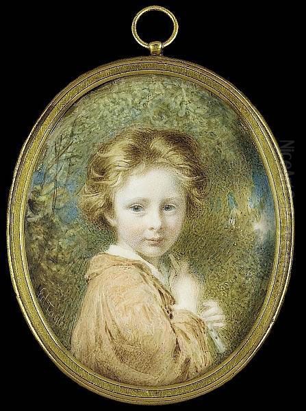 A Young Boy, Called Alick, 
Possibly Alexander Hohenlohe, Wearing Rust-coloured Tunic Over White 
Chemise, He Holds A Pipe Oil Painting by Edward Tayler