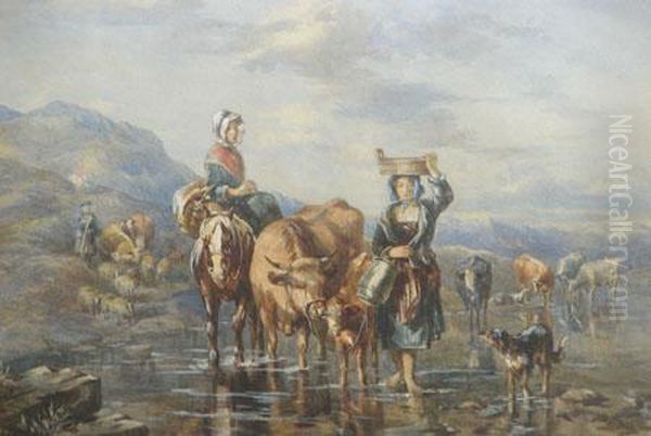 Figures With Cattle, Horses And Sheep Crossing Highland River Oil Painting by John Frederick Tayler