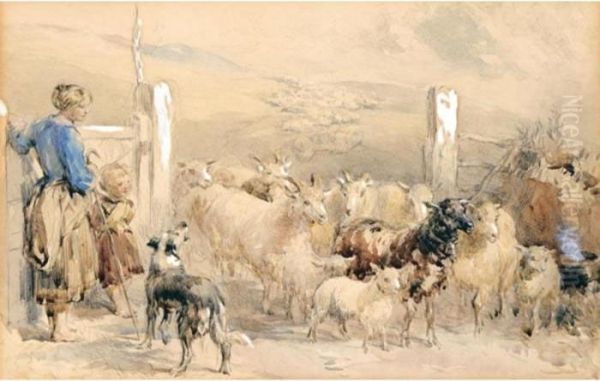 Highland Drovers; A Shepherdess Oil Painting by John Frederick Tayler