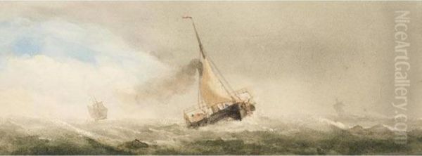 Yacht In Full Sail; Steam Barge In High Seas Oil Painting by Charles Taylor