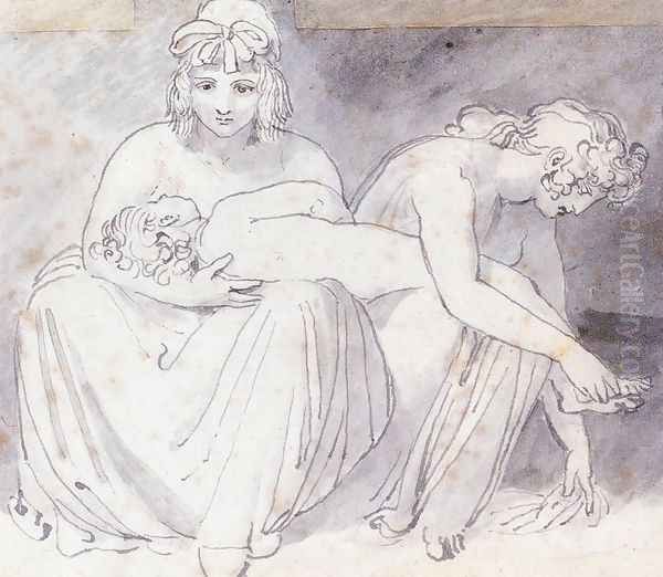 Two Women With A Young Child Oil Painting by John Flaxman