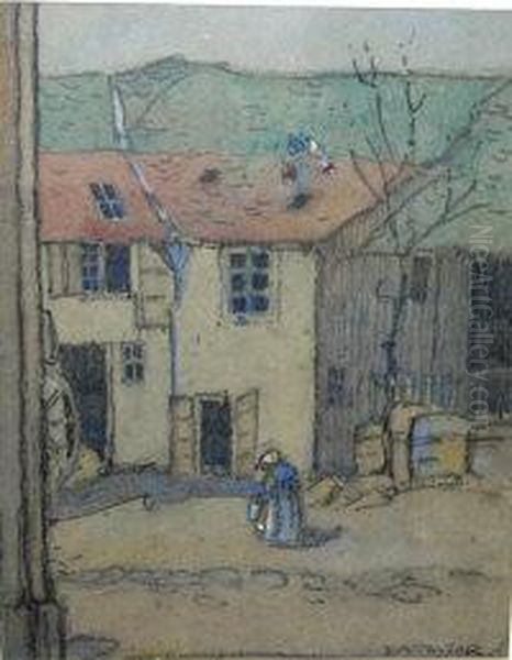 Scottish - Watercolour & 
Chalks Cottages And Figure In Foreground Signed Lower Right 28cm X 21cm by Ernest Archibald Taylor