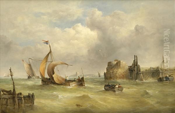 Dutch Sailingbarges At The Entrance To A Harbour Oil Painting by Henry King Taylor