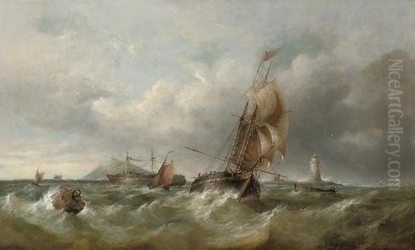 A Trading Schooner In Congested Waters Off A Lighthouse Oil Painting by Henry King Taylor