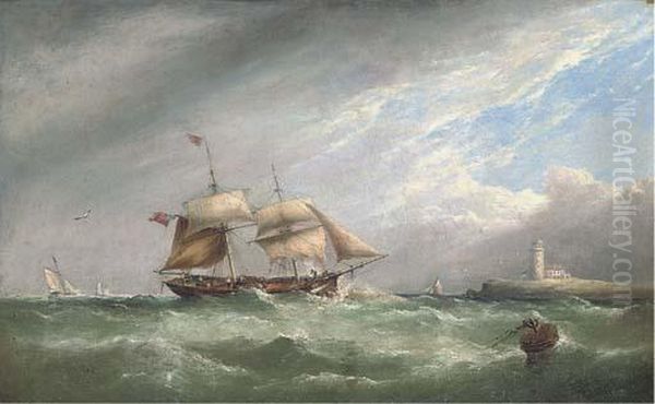 A Merchant Brig Heaving-to Off A Lighthouse Oil Painting by Henry King Taylor