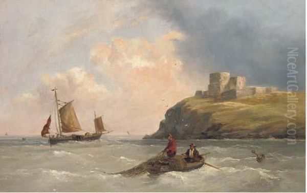 Fishermen Pulling In Their Nets Off A Fortified Headland Oil Painting by Henry King Taylor