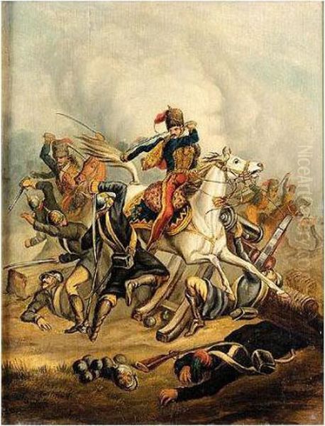 Charge Of The Light Brigade; 
11th Hussars - Riding Through The Russian Guns, 20th October, 1854 Oil Painting by Charles, Taylor Snr.