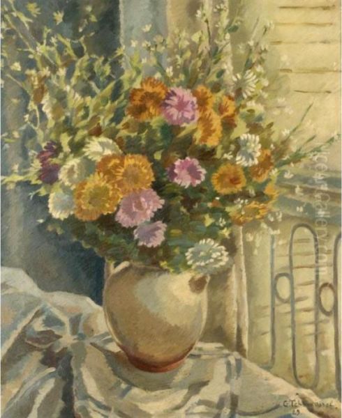 Vase Of Flowers By A Balcony Oil Painting by Georges Tcherkessof