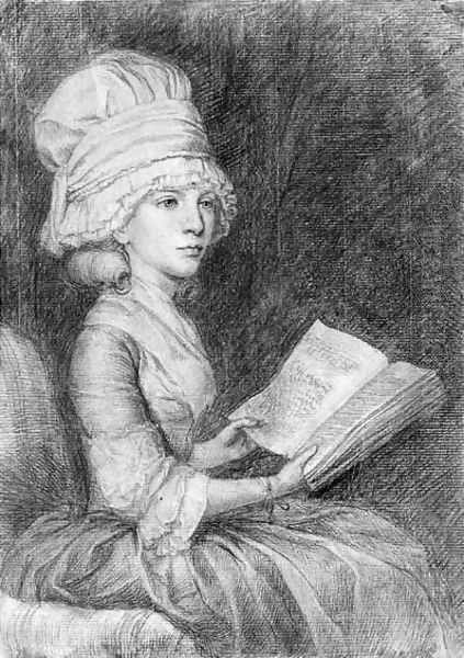 Portrait study of Mrs Matthew, seated, three-quarter-length, wearing a cap, reading a book Oil Painting by John Flaxman