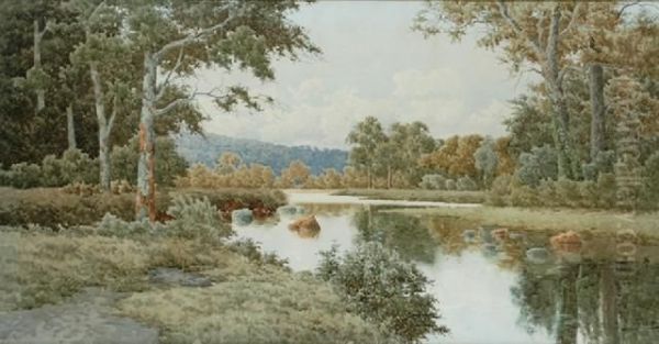 River Reflections Watercolour 
Signed'h Tebbitt' Lower Right 59 X 114 Cm Provenance: Private 
Collectionmelbourne Oil Painting by Henri Tebbitt