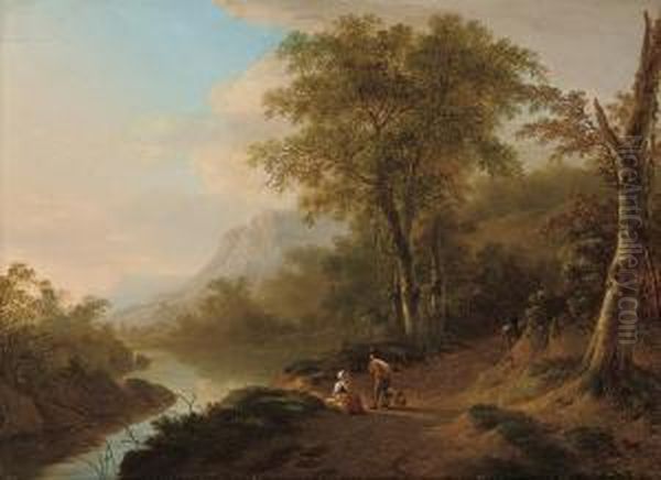 An Italianate River Landscape With Travellers On A Track Oil Painting by Lievine Teerlink