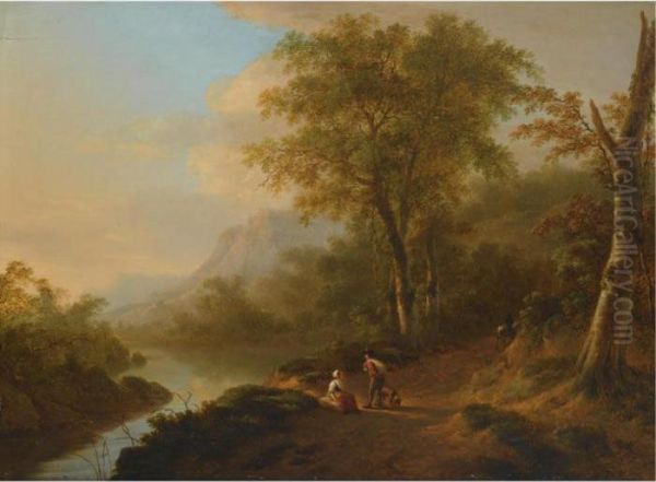 Travellers In A River Landscape Oil Painting by Lievine Teerlink