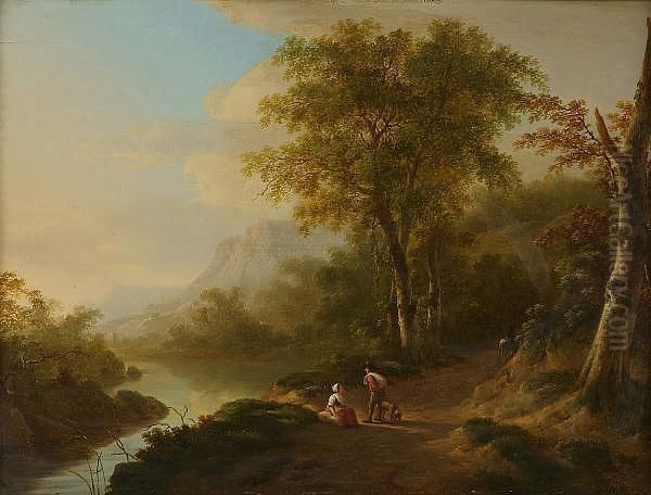 Travellers On A Wooded Lakeside Track In An Italianate Landscape Oil Painting by Lievine Teerlink