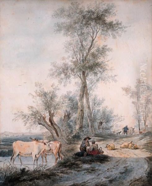 Herdsmen Watering Their Cattle By A Wooded Road Oil Painting by Lievine Teerlink