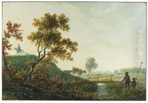 Fishermen By A Bridge Over A Ditch, Cows And A Horseman On A Risenearby Oil Painting by Lievine Teerlink