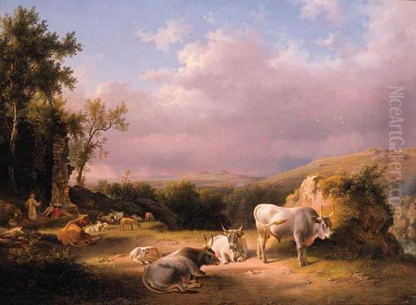 Buffaloes In The Roman Campagna 
At Sunset With Cattle, Shepherdsand Tavellers By A Ruined Wall Beyond Oil Painting by Lievine Teerlink