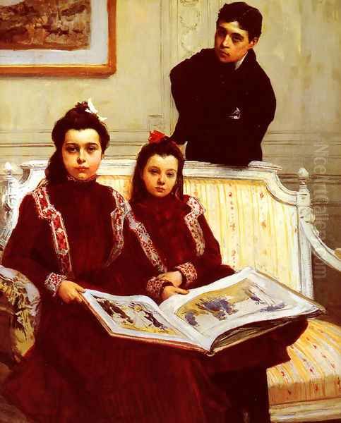 Family Portrait of a Boy and his two Sisters admiring a Sketch Book Oil Painting by Francois Flameng