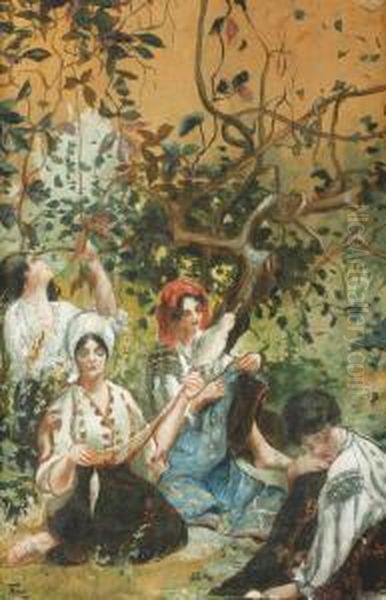 Country Girls With Distaff Oil Painting by Misu Teisanu