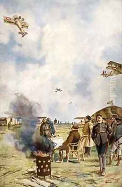 At a French pilot training centre a SPAD fighter plane loops the loop Oil Painting by Francois Flameng