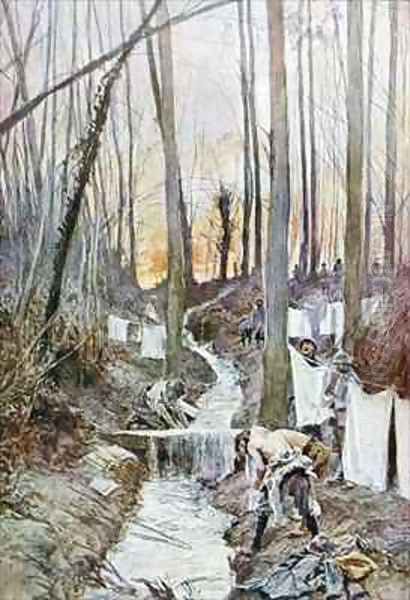 French soldiers wash themselves and do their laundry in a stream in the woods of Roucy Oil Painting by Francois Flameng