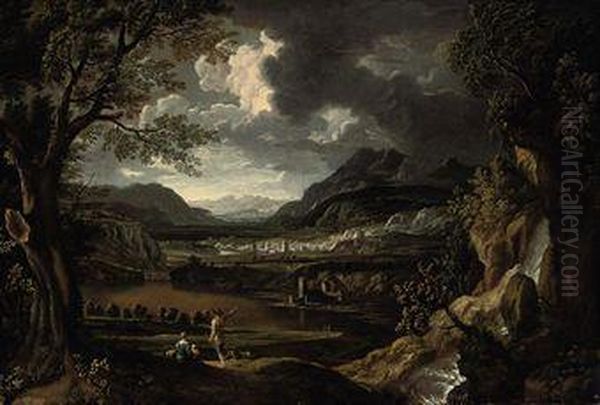 An Italianate River Landscape With Figures Resting Beside Awaterfall, A Town Beyond Oil Painting by Antonia Tempesta