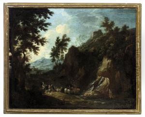 A Rocky Italianate Landscape With Drovers And Cattle Oil Painting by Antonia Tempesta