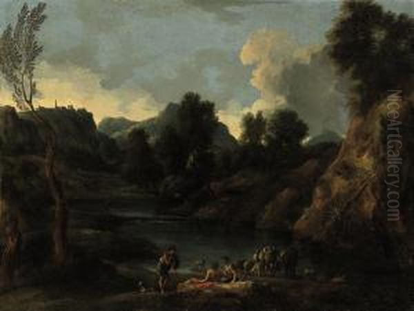 A Rocky Landscape With Shepherds Resting By A River, A Young Boyfishing Beyond Oil Painting by Antonia Tempesta