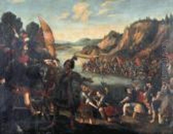 Flemish Follower Of Antonio 
Tempesta Soldiers Quenching Their Thirst At A River Crossing, Possibly A
 Scene From The Life Of Alexander The Great Oil Painting by Antonia Tempesta